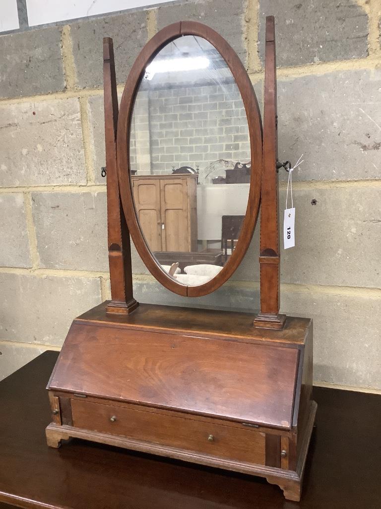 An early 19th century mahogany toilet mirror with bureau base, width 48cm height 76cm
